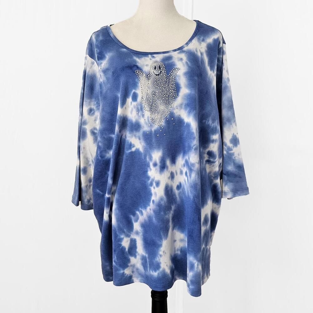 Quacker Factory Size 3X Blue Tie-Dye Women's Shirt with Rhinestone Ghost Design